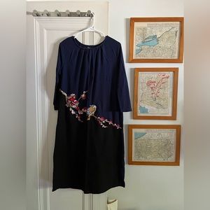 eShakti Color Block dress with embroidered birds and flowers, size 14